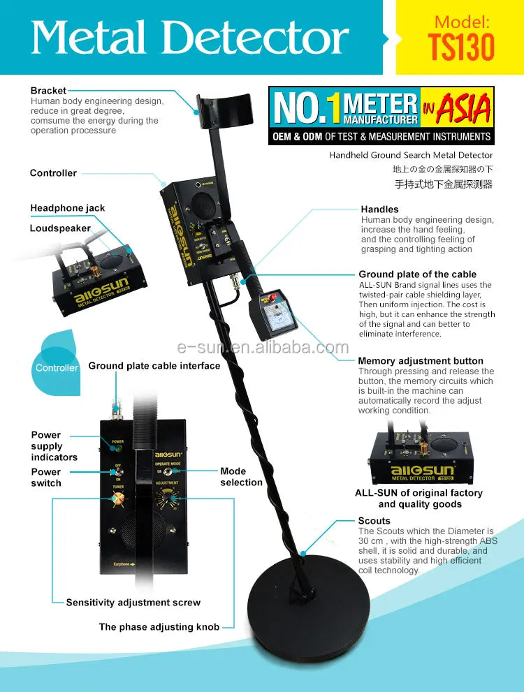 ALLOSUN Underground Metal Gold Detector - Water Proof With Adjustable Length Adults, Search Coil&LCD Display
