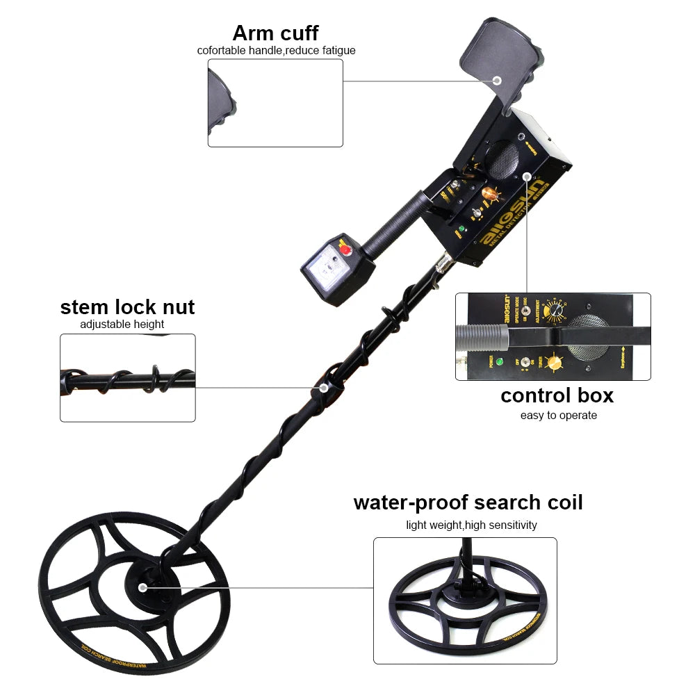 ALLOSUN Underground Metal Gold Detector - Water Proof With Adjustable Length Adults, Search Coil&LCD Display