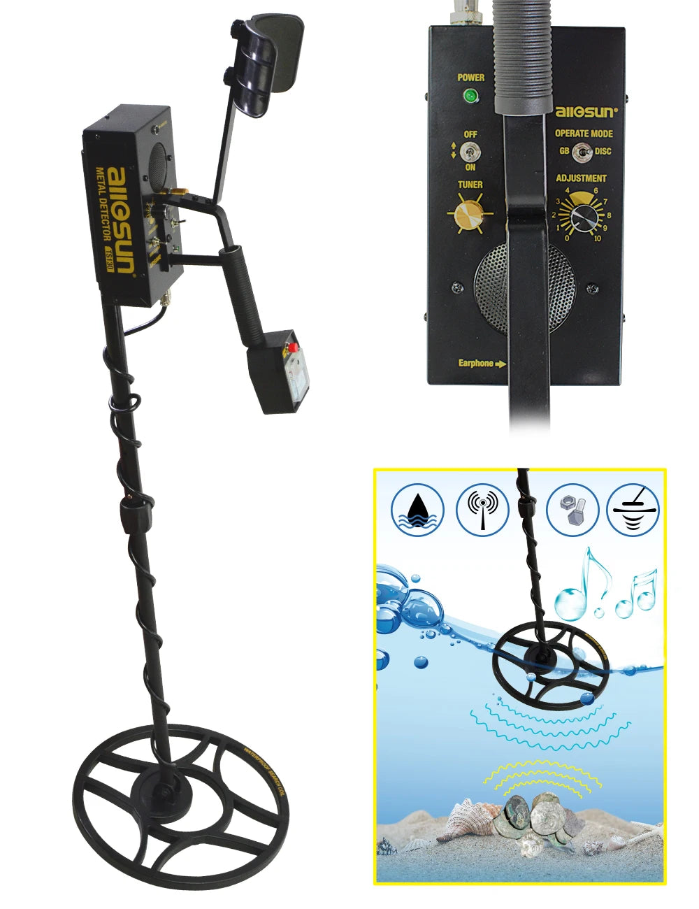 ALLOSUN Underground Metal Gold Detector - Water Proof With Adjustable Length Adults, Search Coil&LCD Display