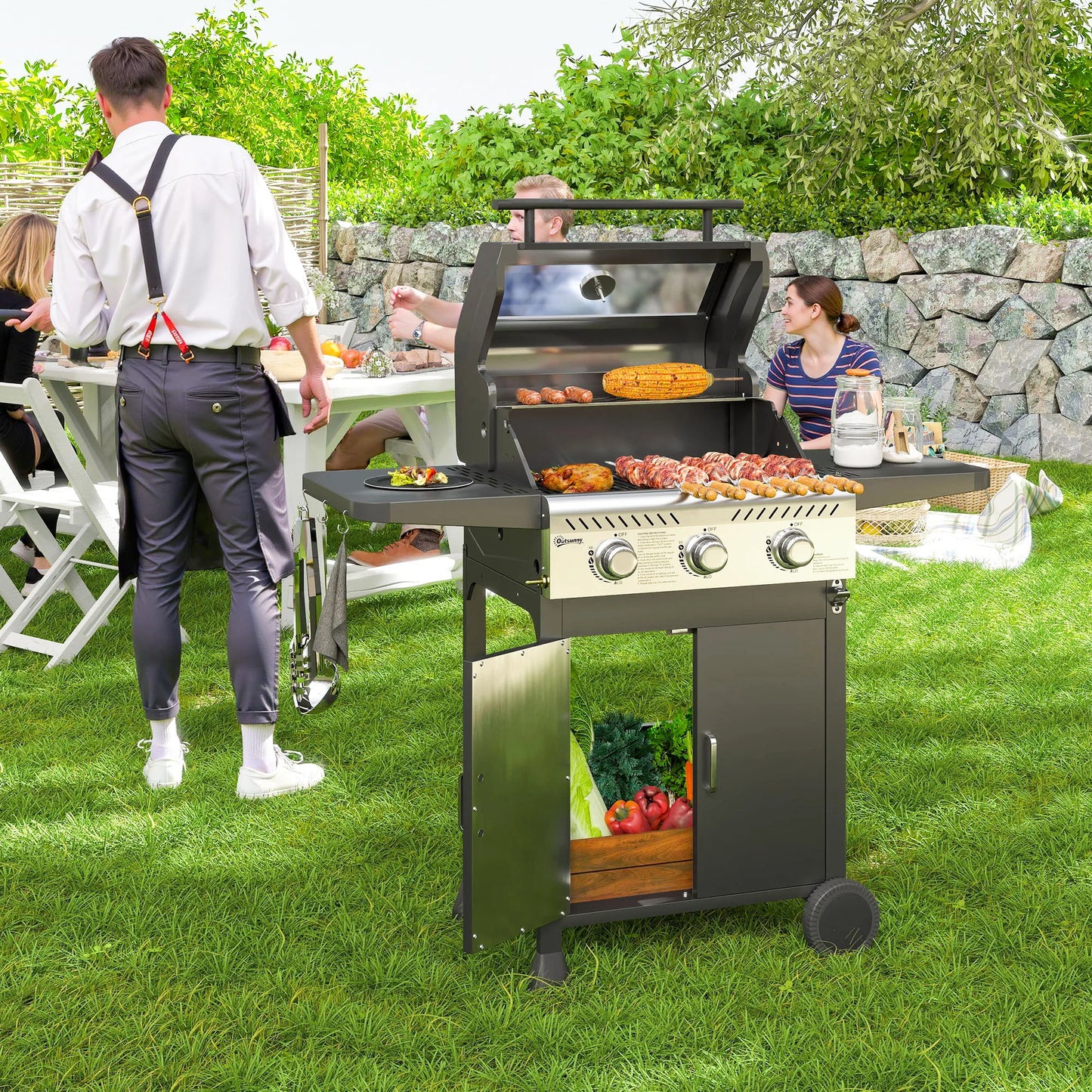 Outsunny 3 Burner Gas BBQ Trolley with See-through Lid, 7.5 kW Propane Gas Barbecue Grill with Thermometer, Wheels