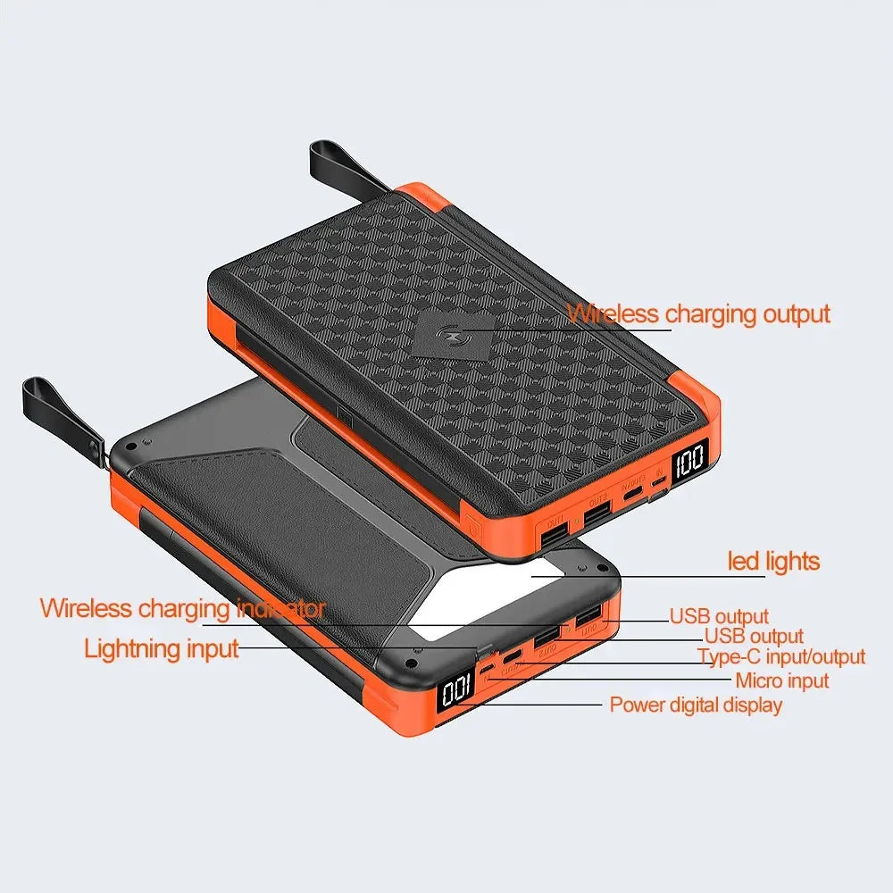 10000/20000mAh Solar Power Bank Hidden Flip Solar Panel Portable Solar Power Bank with USB Wireless Charging for Travel Camping
