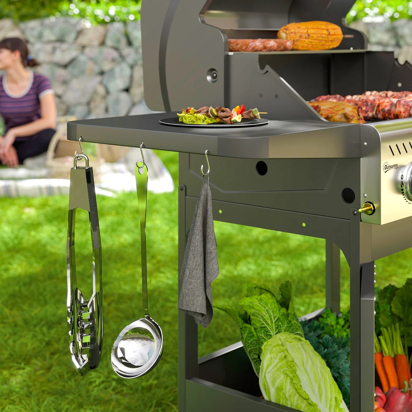 Outsunny 3 Burner Gas BBQ Trolley with See-through Lid, 7.5 kW Propane Gas Barbecue Grill with Thermometer, Wheels