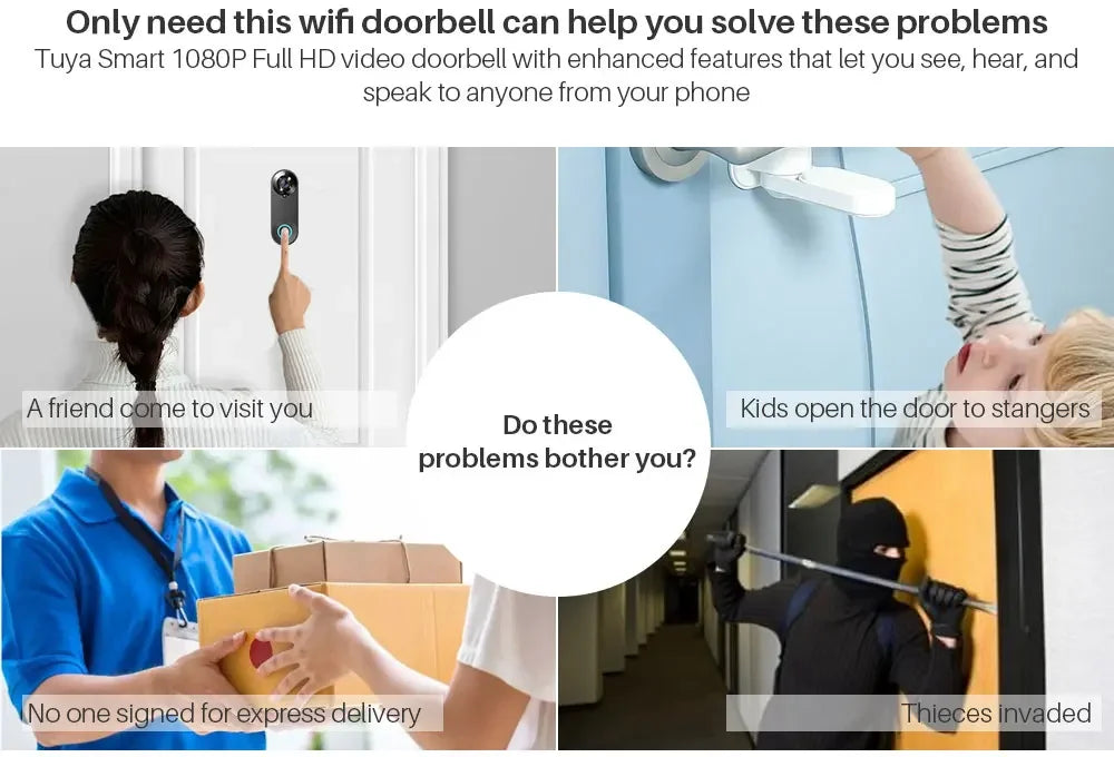 1080P Video Doorbell Camera Tuya Smart WiFi Video Doorbell Amason Alexa IP Camera Two-Way Audio Wireless Home Intercom Door Bell