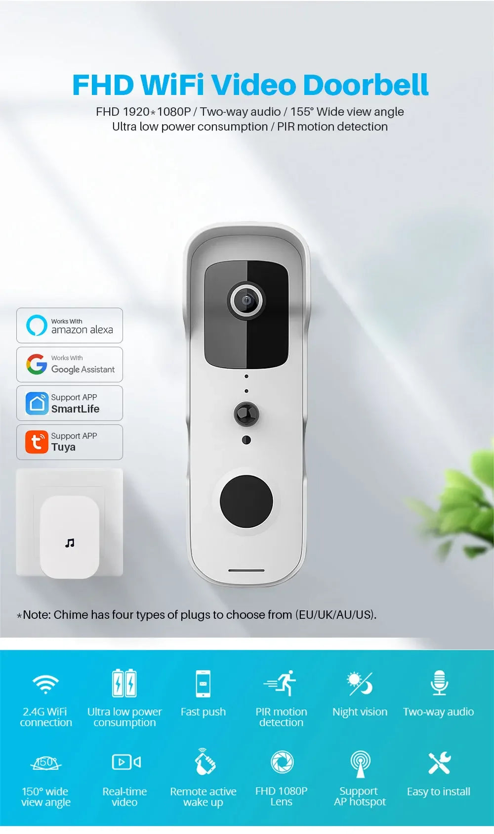 1080P Video Doorbell Camera Tuya Smart WiFi Video Doorbell Amason Alexa IP Camera Two-Way Audio Wireless Home Intercom Door Bell