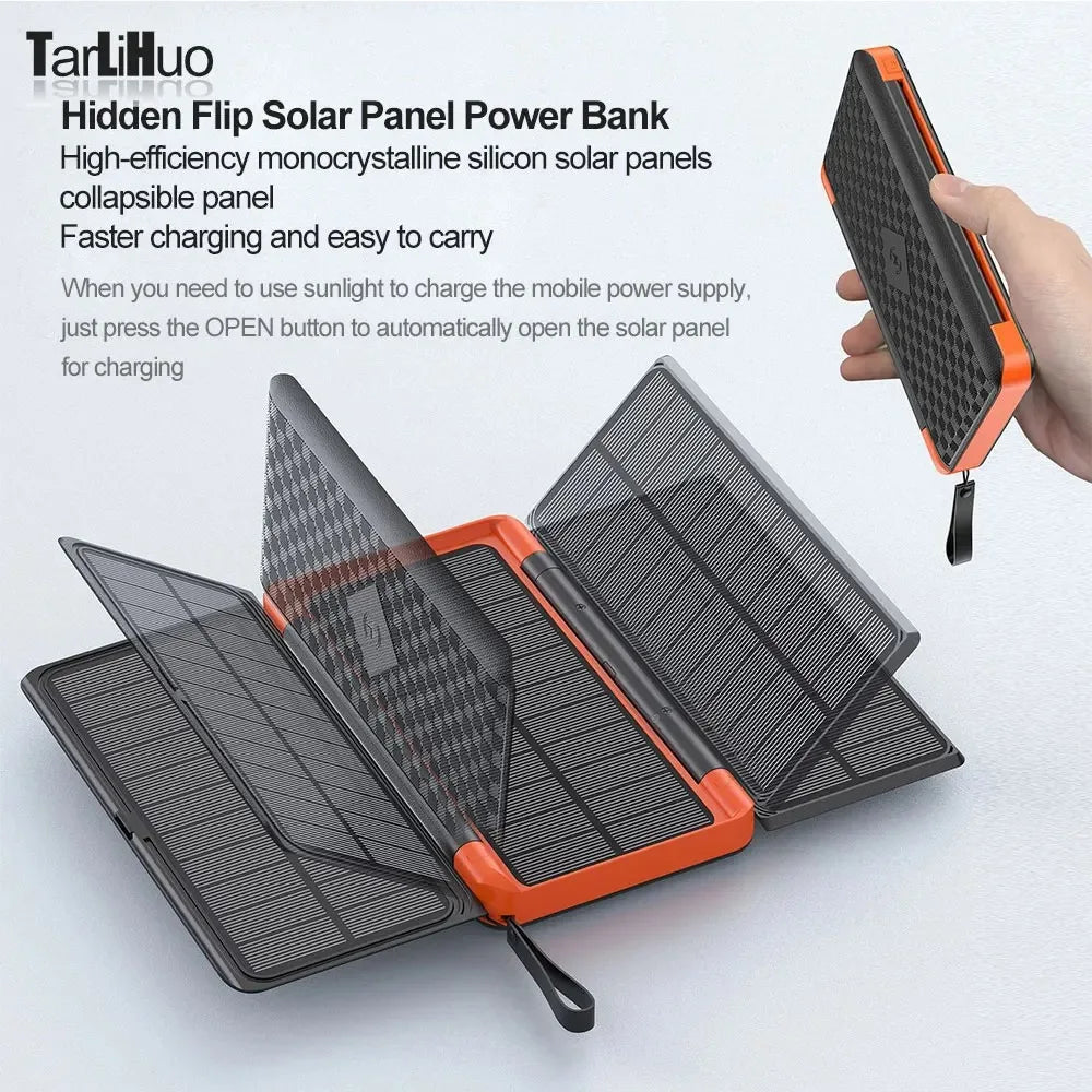 10000/20000mAh Solar Power Bank Hidden Flip Solar Panel Portable Solar Power Bank with USB Wireless Charging for Travel Camping