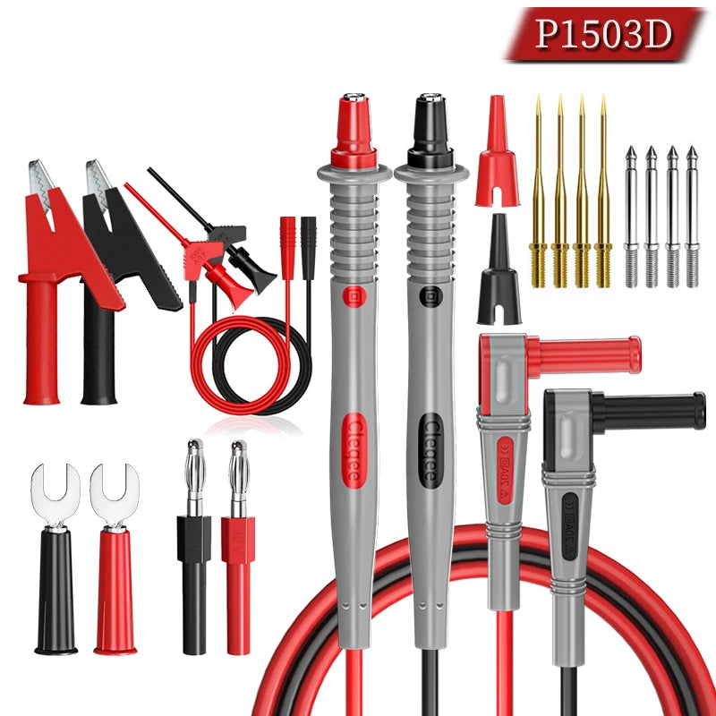 Cleqee P1503 Series Universal Multimeter Probe Test Leads Kit with Replacement Needle Tester Tip IC SMD Test Hook Alligator Clip