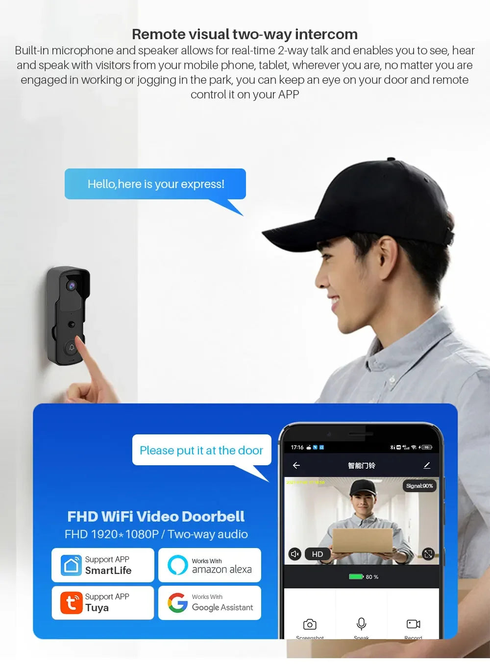 1080P Video Doorbell Camera Tuya Smart WiFi Video Doorbell Amason Alexa IP Camera Two-Way Audio Wireless Home Intercom Door Bell