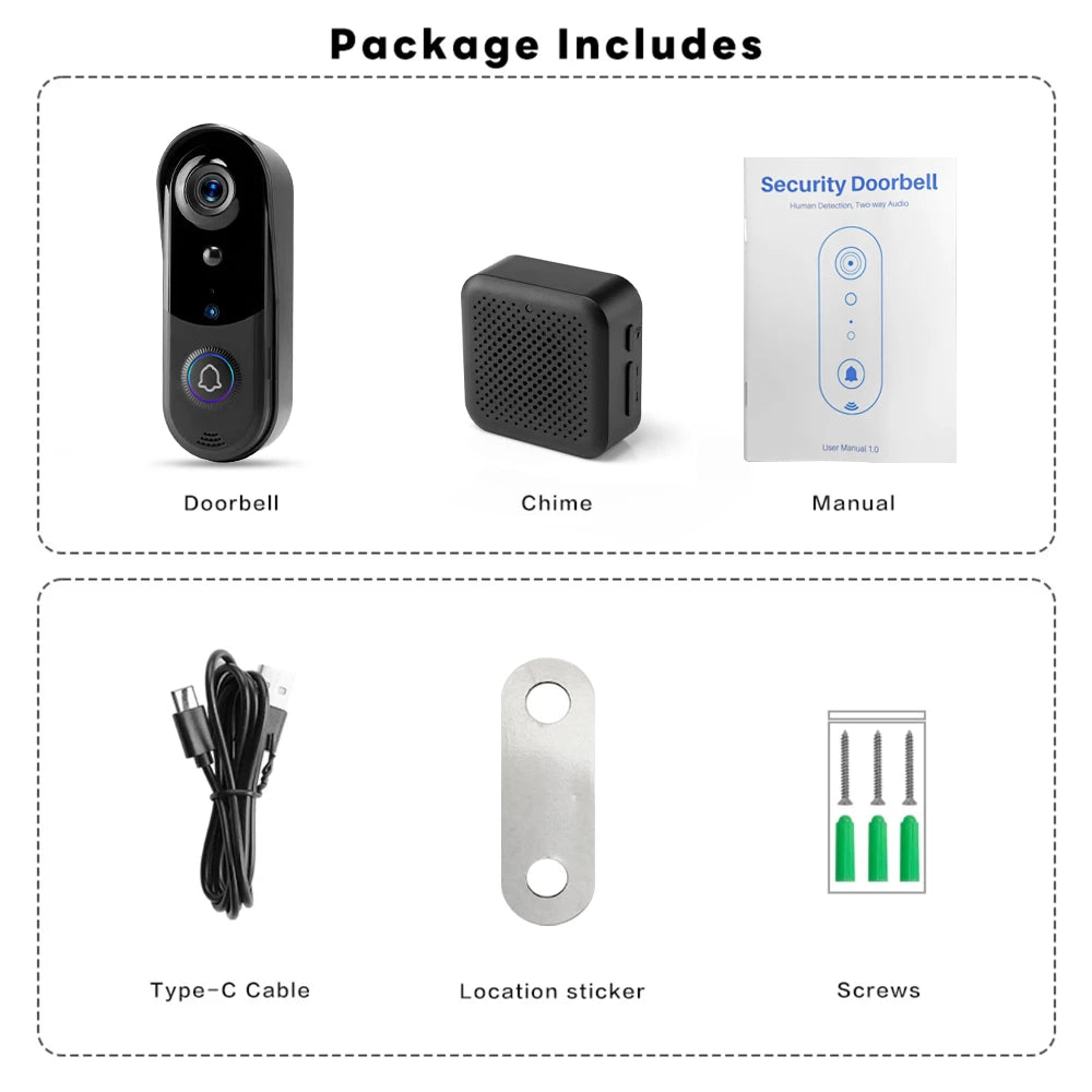 FREE Cloud Storage 1080P 2.4Ghz WiFi Wireless 5000mAh Battery Smart Video Doorbell IP65 Outdoor Door Security with USB Chime