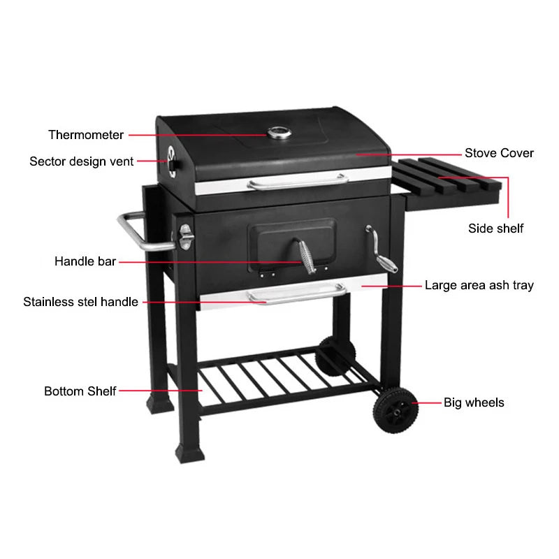 Outdoor Charcoal BBQ Grill with Portable Trolley Garden Grill for Outdoor, Party, Garden, Terrace