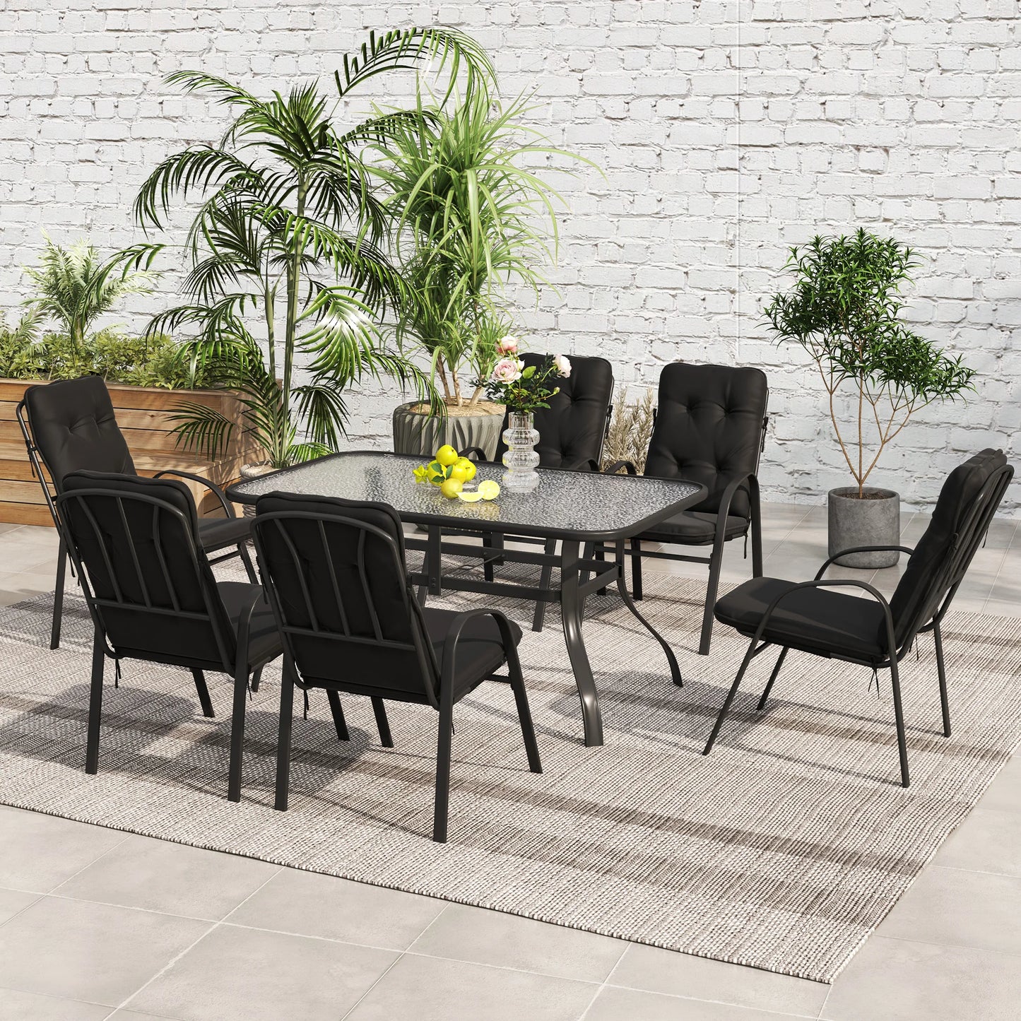 Outsunny 7 PCs Garden Dining Set w/ Umbrella Hole & Cushion, Black