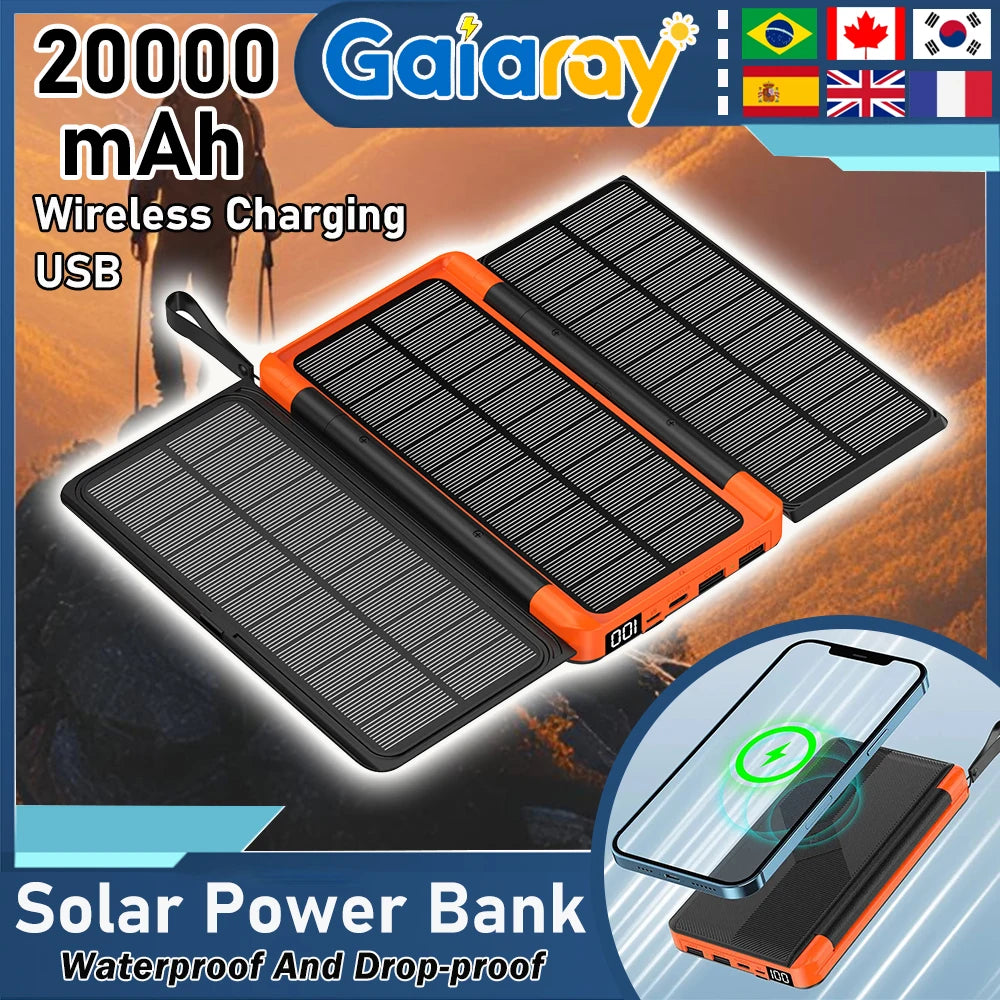 10000/20000mAh Solar Power Bank Hidden Flip Solar Panel Portable Solar Power Bank with USB Wireless Charging for Travel Camping