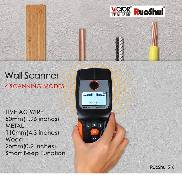 RuoShui 518 RTS Wall Scanner Metal Detector Find Metal Wood Studs Multifunction AC Cable Live Wire Scanner Warning Gold Detector