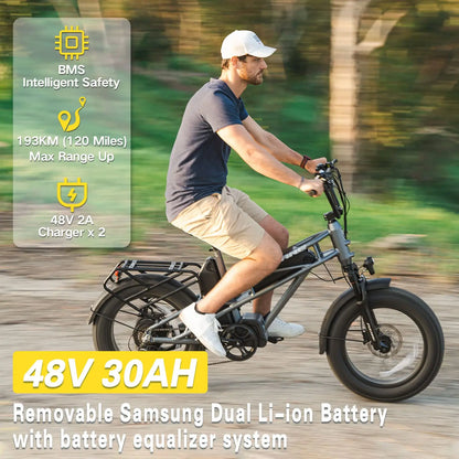 Adults 30MPH 20Inch 4.0" All-Terrain Fat Tire Electric Bicycles 48V Lithium Battery LCD Color Display 7 Speed EBike