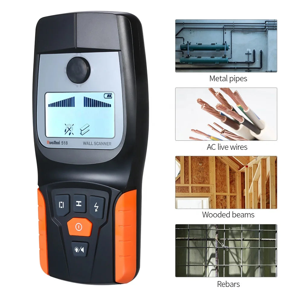 RuoShui 518 RTS Wall Scanner Metal Detector Find Metal Wood Studs Multifunction AC Cable Live Wire Scanner Warning Gold Detector