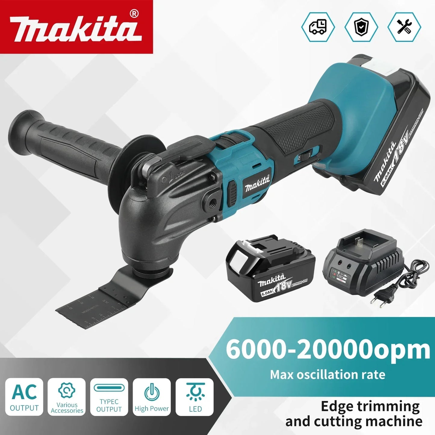 Makita 18V Trimming Cutter: 6-Gear Settings, 18/20V Li-Ion Battery, 340-326mm Length, Multi-Use for Sawing, Cutting, Shoveling