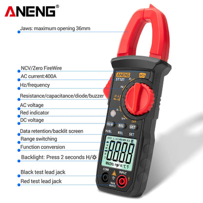 ANENG ST181 Digital Clamp Meter DC/AC Current 4000 Counts Multimeter Ammeter Voltage Tester Car Amp Hz Capacitance NCV Ohm Test