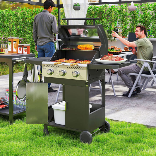 Outsunny 3 Burner Gas BBQ Trolley with See-through Lid, 7.5 kW Propane Gas Barbecue Grill with Thermometer, Wheels