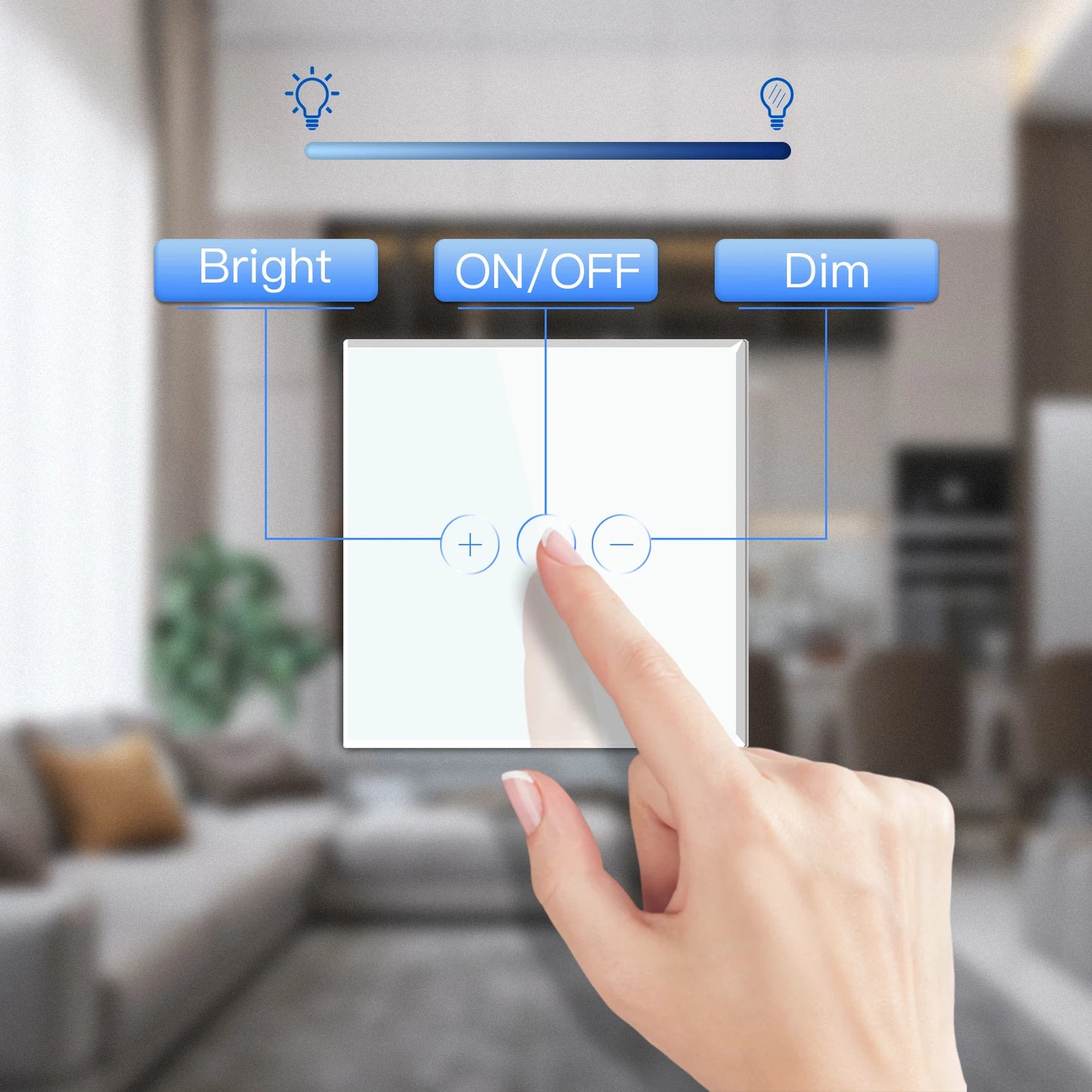 BSEED Touch Dimmer Switch 1Gang 1Way Led Dimmer 220V Wall Light Switch Crystal Glass Panel Blue Backlight Memory Function