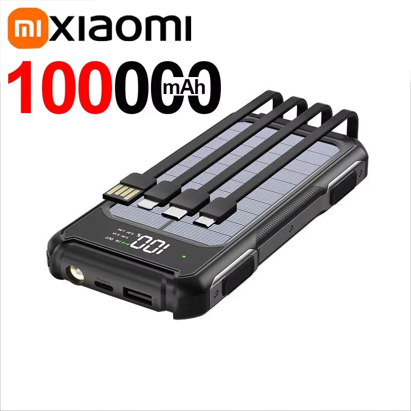Xiaomi 100000mAh Solar Power Bank High Capacity 4 in 1 Built in Cables Intelligent Digital Display Laser Light for Samsung Apple