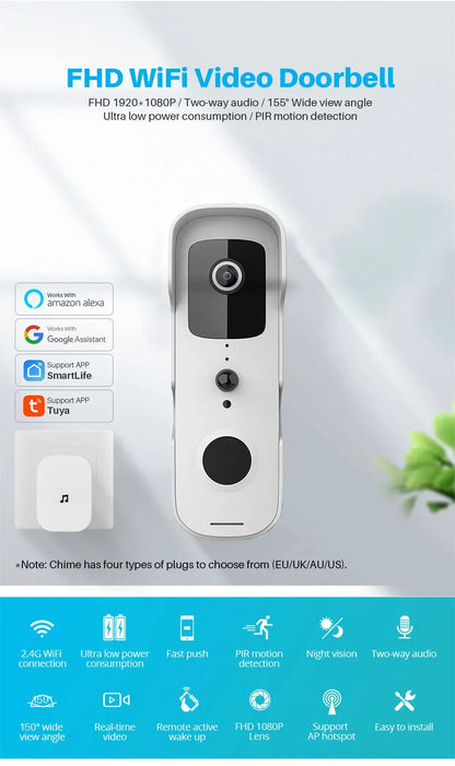 1080P Video Doorbell Camera Tuya Smart WiFi Video Doorbell Amason Alexa IP Camera Two-Way Audio Wireless Home Intercom Door Bell