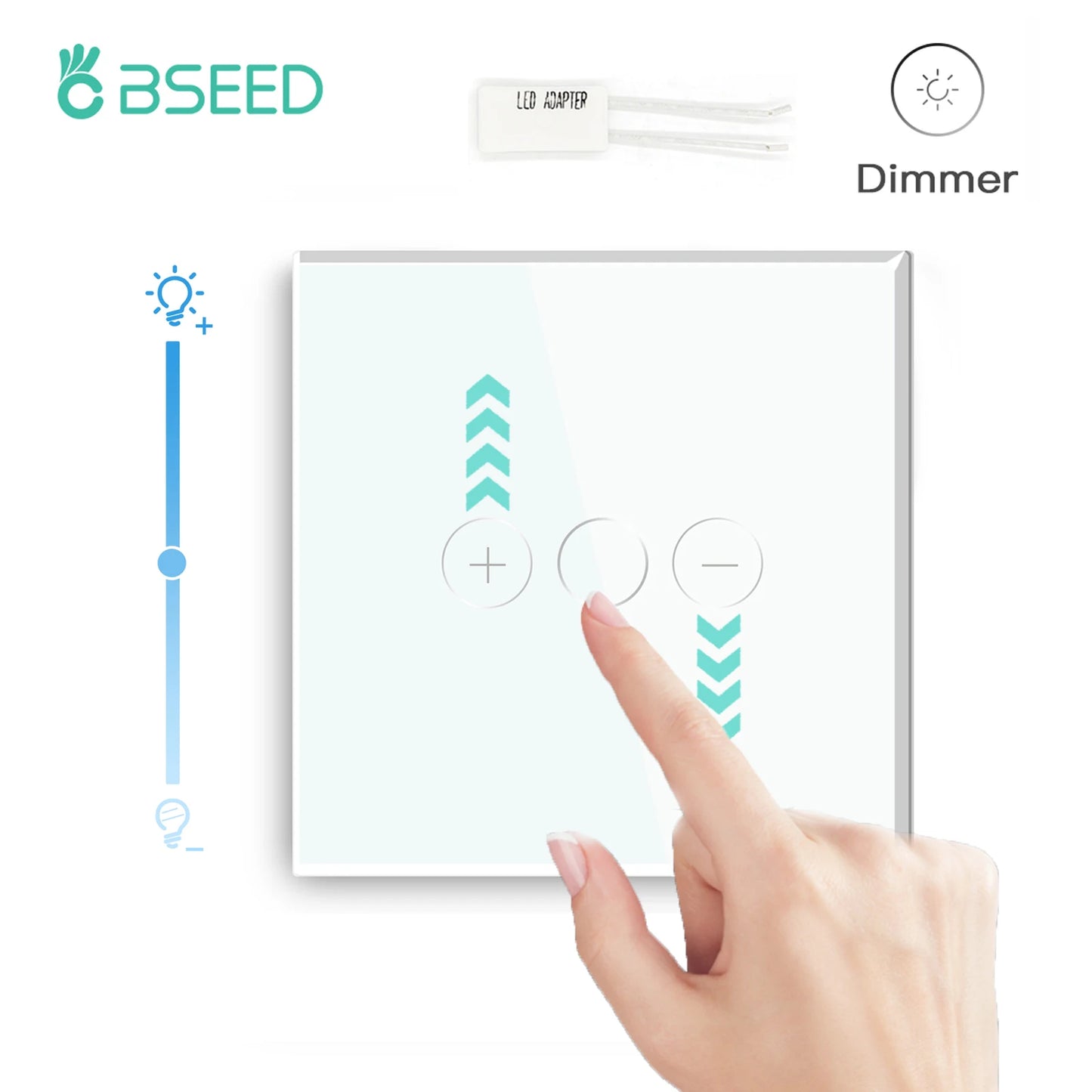 BSEED Touch Dimmer Switch 1Gang 1Way Led Dimmer 220V Wall Light Switch Crystal Glass Panel Blue Backlight Memory Function