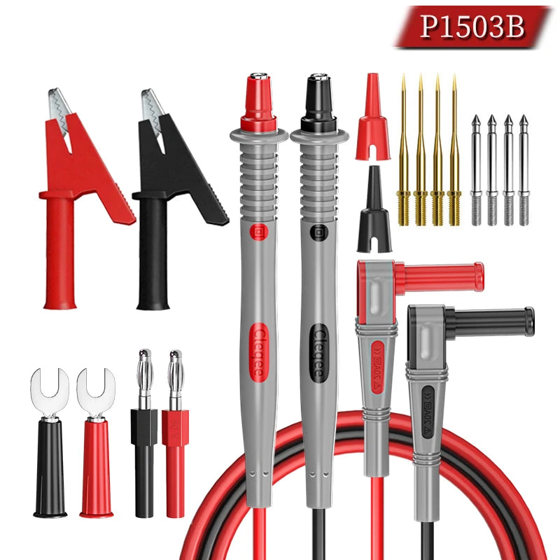 Cleqee P1503 Series Universal Multimeter Probe Test Leads Kit with Replacement Needle Tester Tip IC SMD Test Hook Alligator Clip