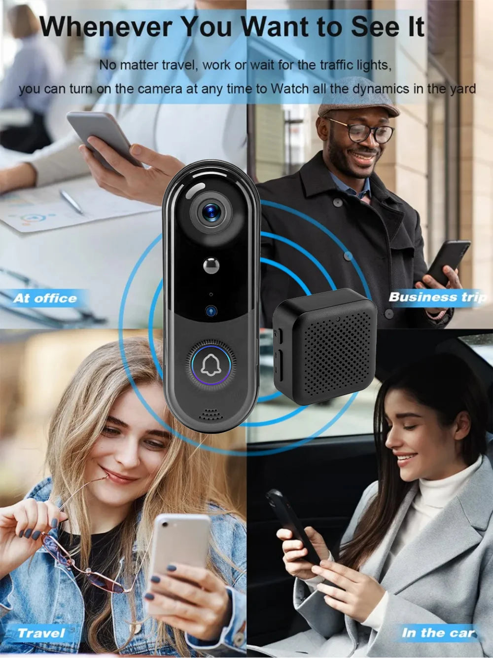 FREE Cloud Storage 1080P 2.4Ghz WiFi Wireless 5000mAh Battery Smart Video Doorbell IP65 Outdoor Door Security with USB Chime