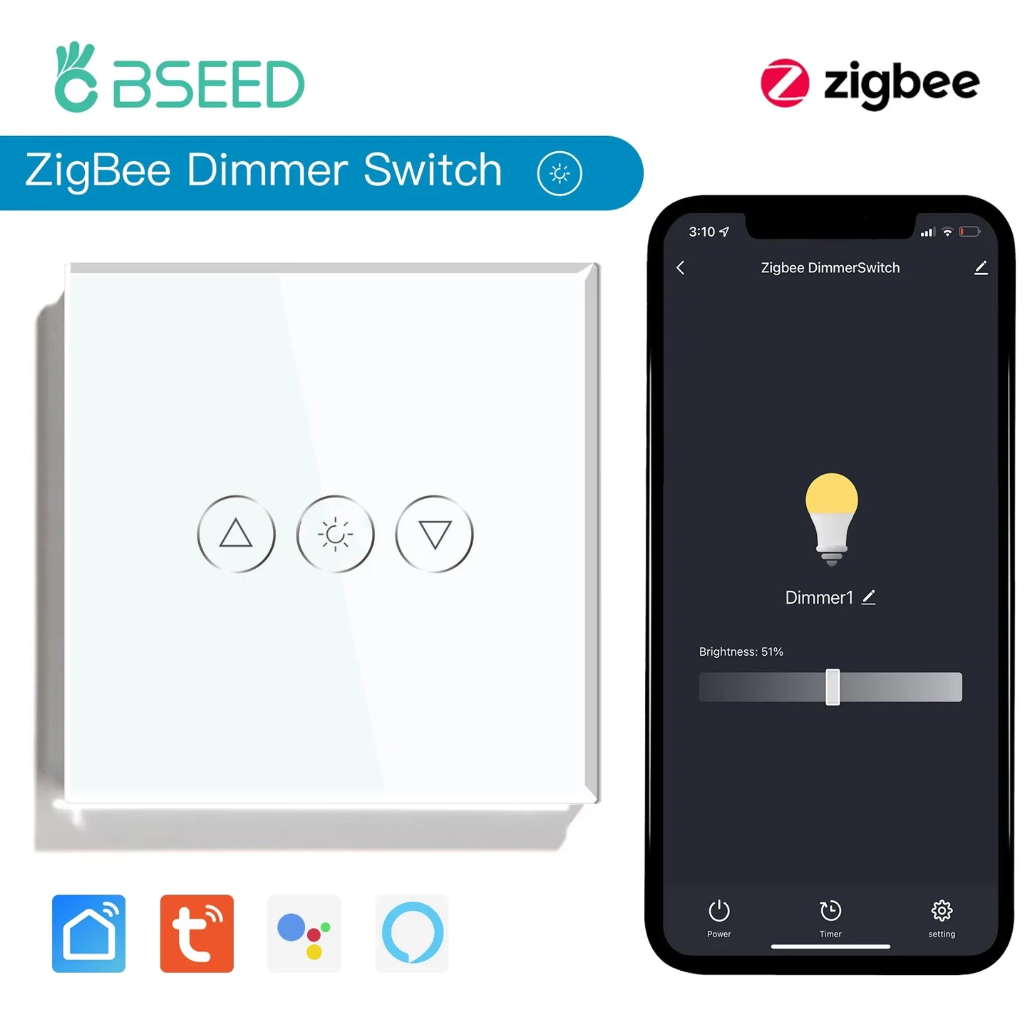BSEED Zigbee Dimmer Touch Switches Wall Dimmers Tuya Smart Life Alexa Control Plus Normal EU Socket  Type-c USB Ports White