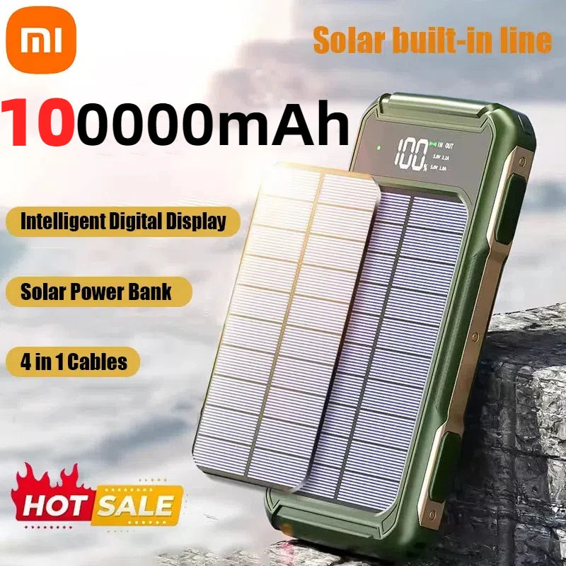 Xiaomi 100000mAh Solar Power Bank High Capacity 4 in 1 Built in Cables Intelligent Digital Display Laser Light for Samsung Apple