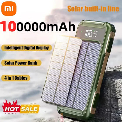 Xiaomi 100000mAh Solar Power Bank High Capacity 4 in 1 Built in Cables Intelligent Digital Display Laser Light for Samsung Apple