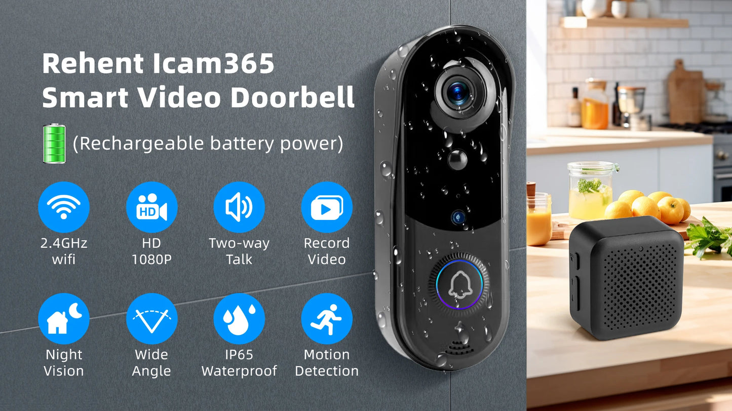 FREE Cloud Storage 1080P 2.4Ghz WiFi Wireless 5000mAh Battery Smart Video Doorbell IP65 Outdoor Door Security with USB Chime