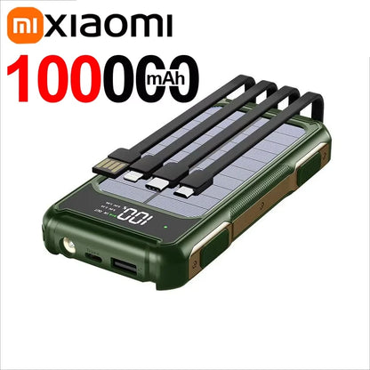 Xiaomi 100000mAh Solar Power Bank High Capacity 4 in 1 Built in Cables Intelligent Digital Display Laser Light for Samsung Apple