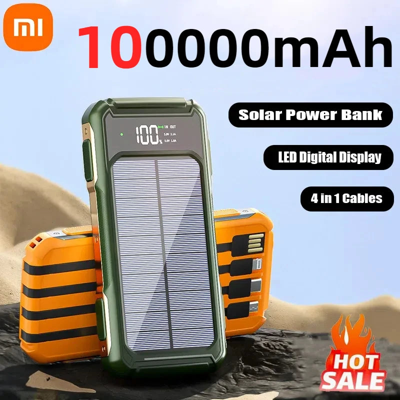 Xiaomi 100000mAh Solar Power Bank High Capacity 4 in 1 Built in Cables Intelligent Digital Display Laser Light for Samsung Apple