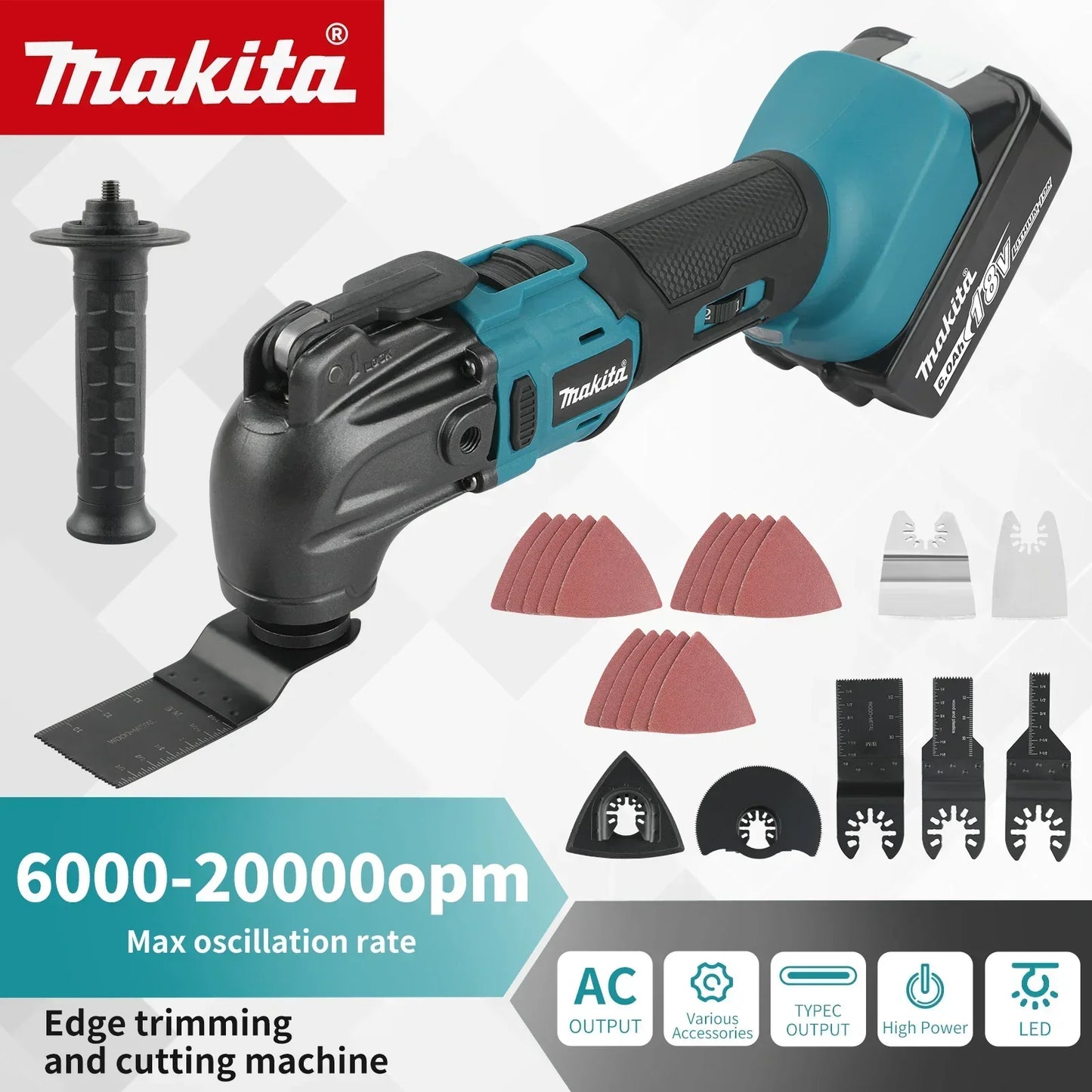 Makita 18V Trimming Cutter: 6-Gear Settings, 18/20V Li-Ion Battery, 340-326mm Length, Multi-Use for Sawing, Cutting, Shoveling