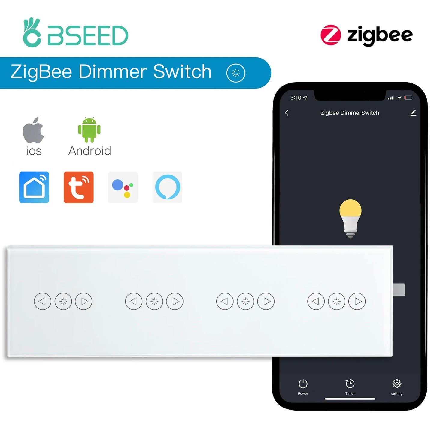 BSEED Zigbee Dimmer Touch Switches Wall Dimmers Tuya Smart Life Alexa Control Plus Normal EU Socket  Type-c USB Ports White