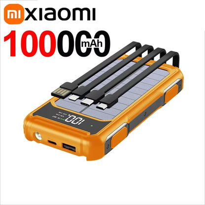Xiaomi 100000mAh Solar Power Bank High Capacity 4 in 1 Built in Cables Intelligent Digital Display Laser Light for Samsung Apple